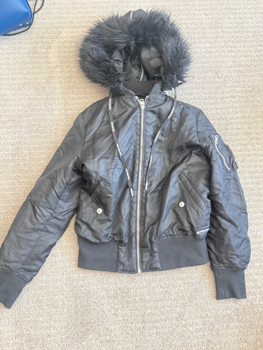 Calvin Klein Black Fur-Trim Hooded Bomber Jacket